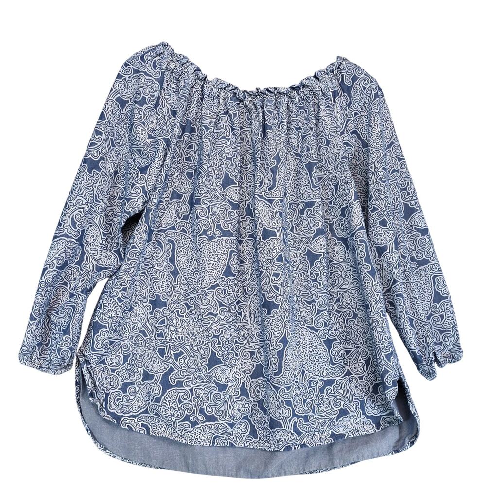 Jones NY Blue Paisley Peasant Blouse Sz M On/Off Shoulder 3/4 Puff Sleeve Hi-Low
